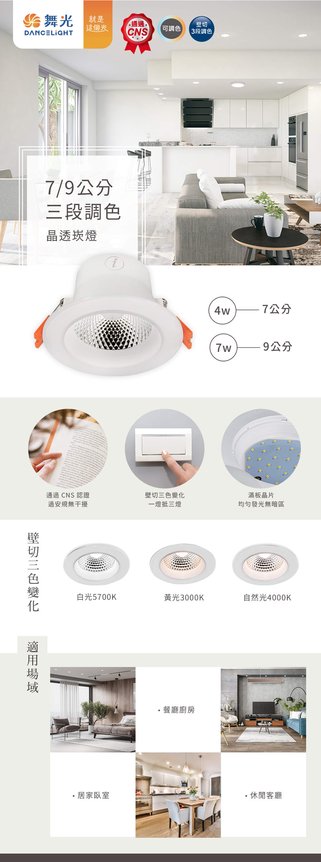 舞光】 三段壁切調色崁燈 7CM/9CM全電壓 三段調色