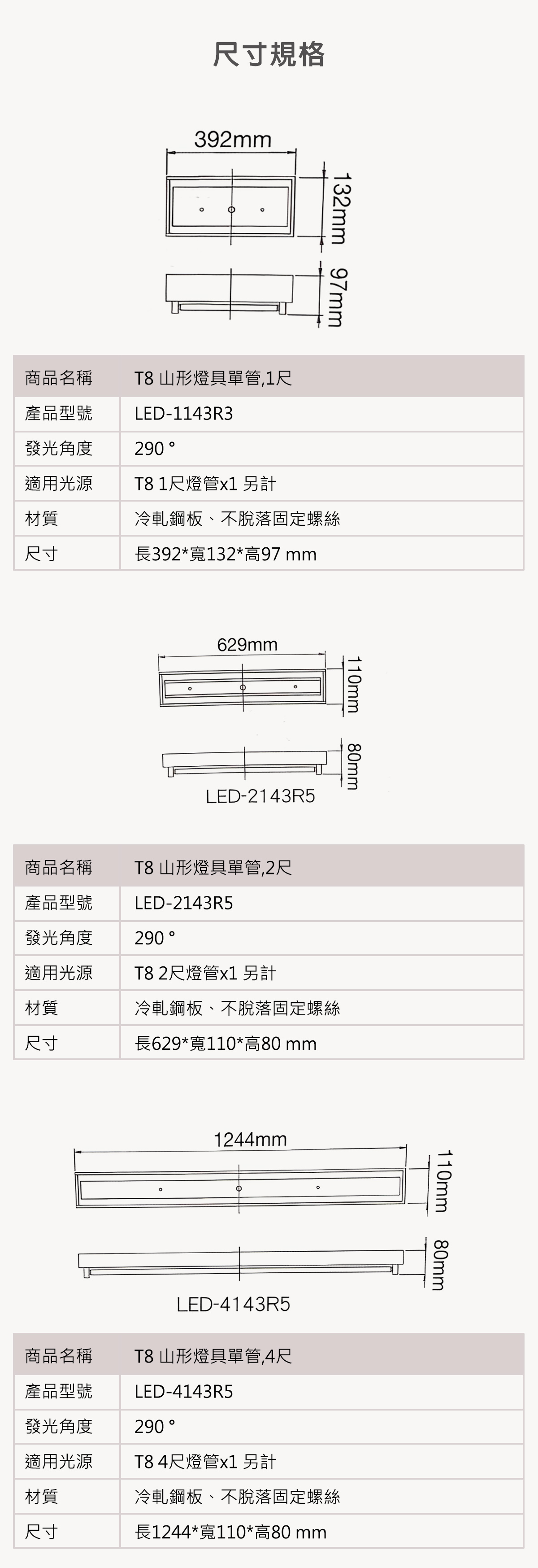 【舞光】LED T8 山型燈具 單管/雙管 無IC 有IC(附夜燈) 1尺 2尺 4尺 燈管另計