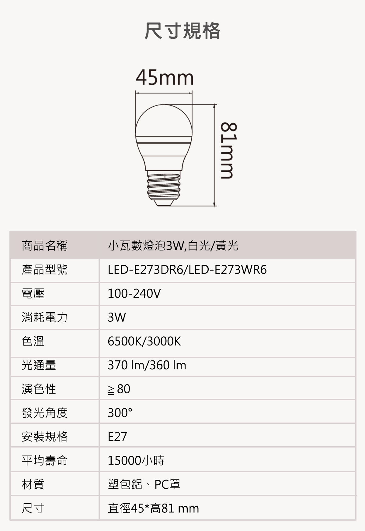 【舞光】LED E27 3W 小瓦數燈泡 全電壓 迷你燈泡 黃光 白光