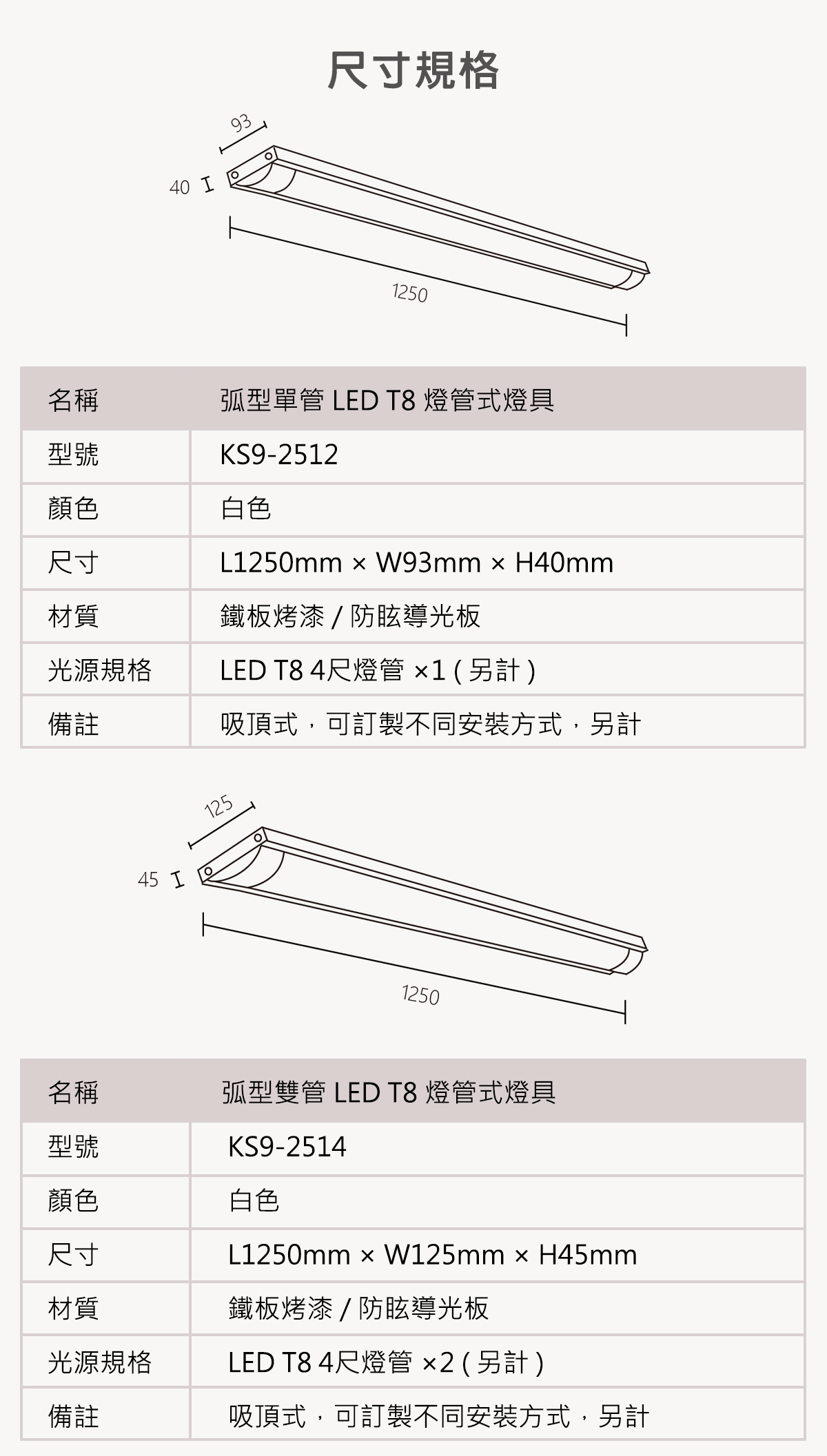 【KAO'S】LED T8 弧型燈管吸頂式燈具 單管/雙管 燈管另計 可訂製吊管式-軌道式-吊線式