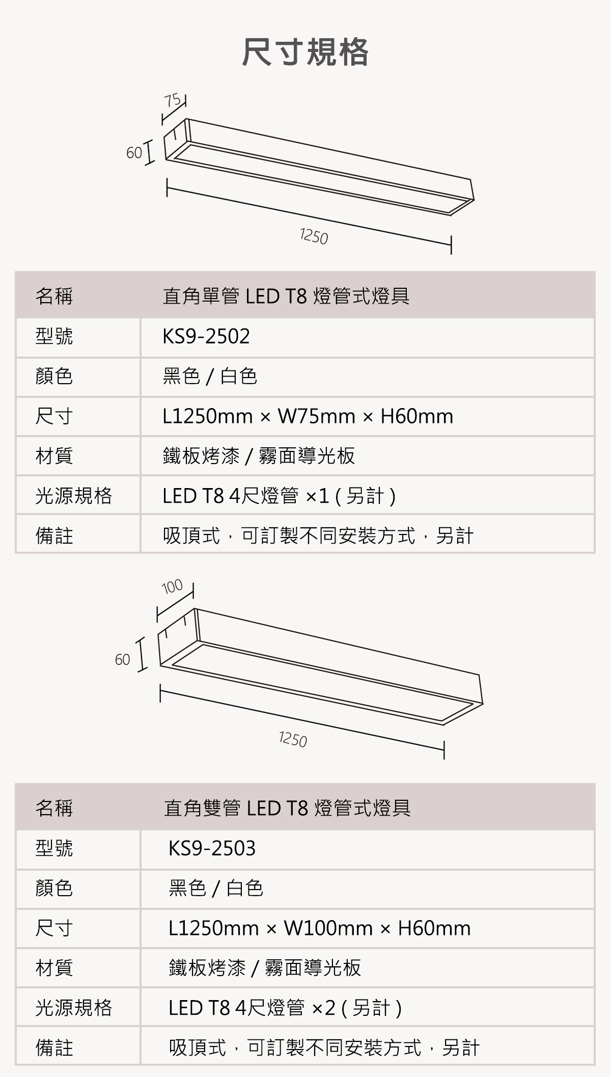 【KAO'S】LED T8 直角燈管式吸頂燈具 單管/雙管 燈管另計 可訂製吊管式-軌道式-吊線式