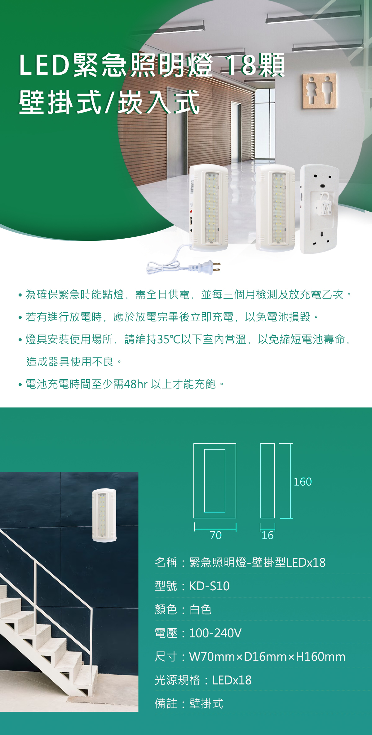【KAO'S】LED 緊急照明燈 全電壓 台灣製造 LEDX18 壁掛型/崁入型