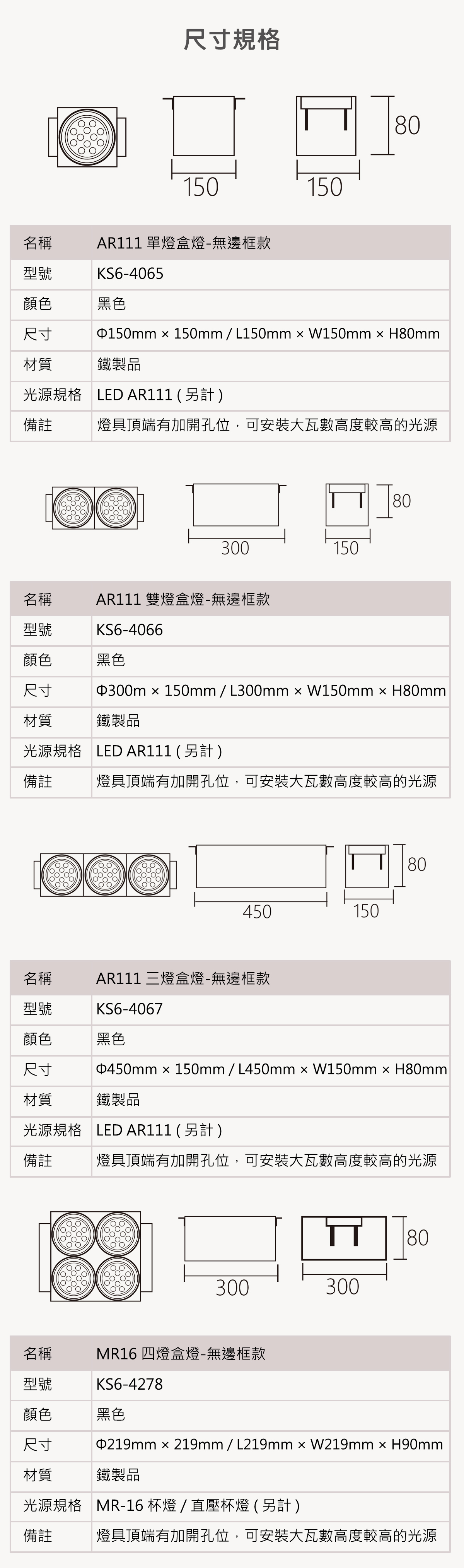 【KAO'S】AR111 無邊框盒燈 1燈 2燈 3燈 4燈 需搭配AR111燈泡(另計)