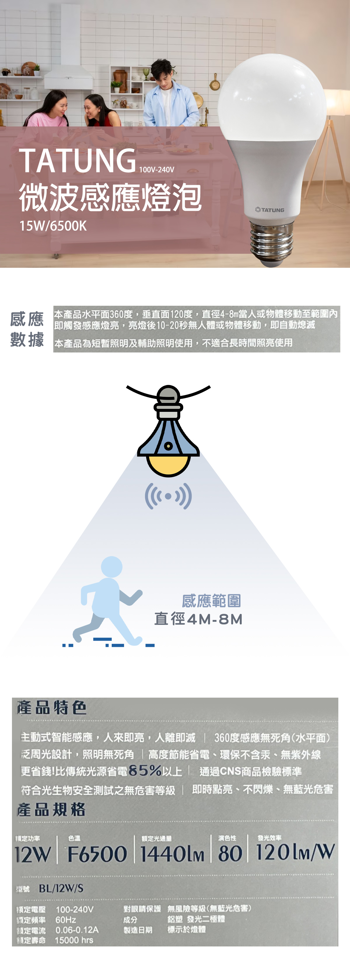 【大同】LED E27 12W 白光 微波感應燈泡 全電壓 無光感  24HR感應