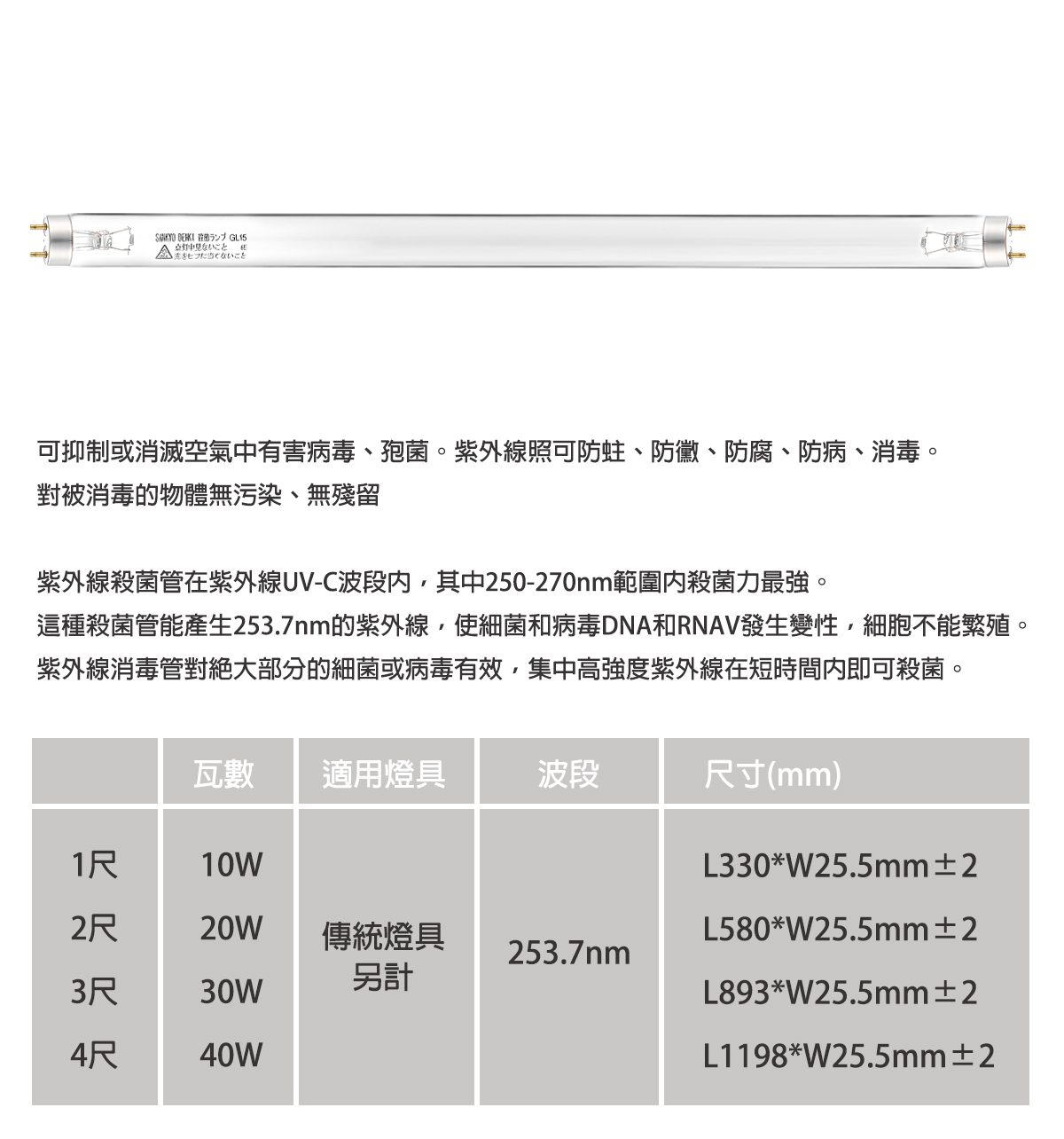 【三共】日本製 紫外線殺菌燈管 T8 10W/20W/30W/40W 需搭配傳統燈座(另計) 有效滅菌