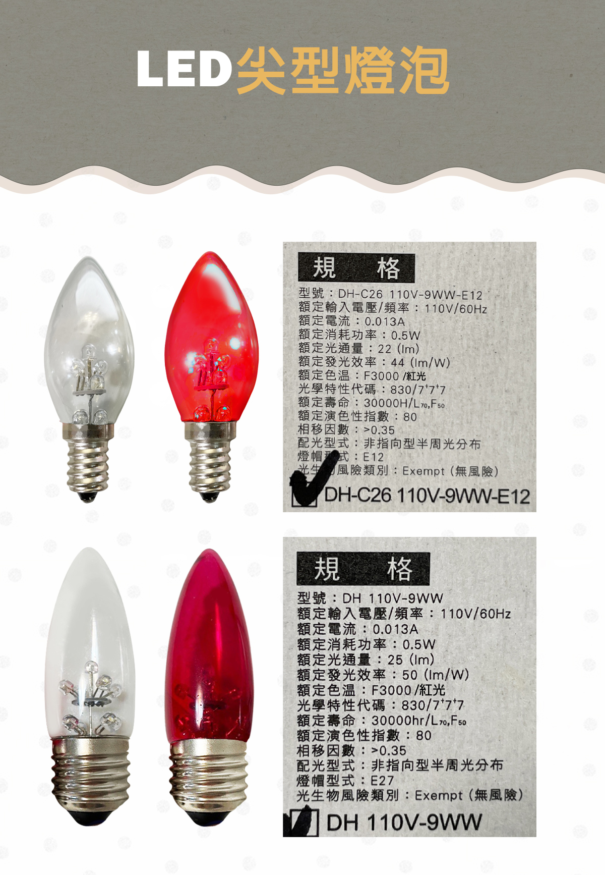 LED E12/E27 0.5W 神明燈 小夜燈 紅光/黃光 單電壓110V