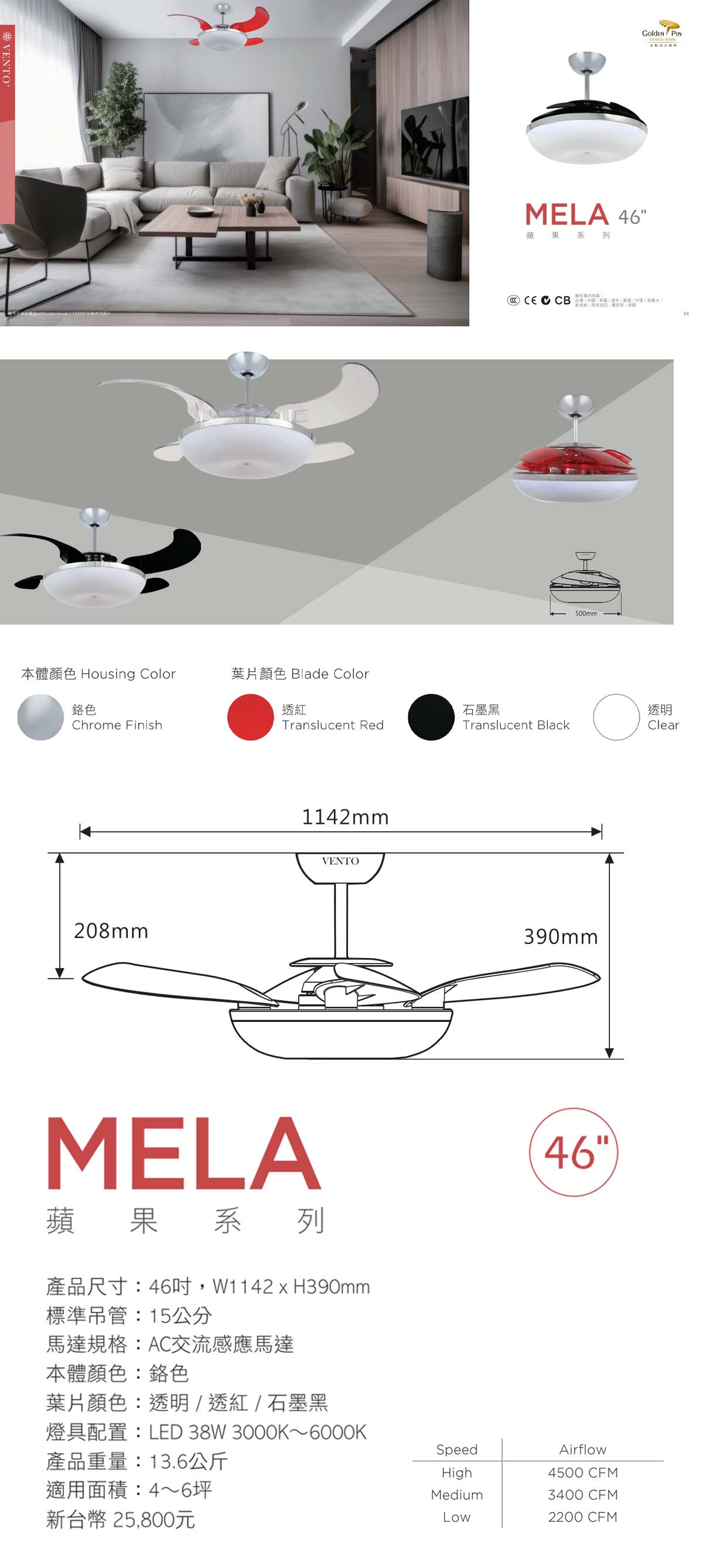 【芬朵VENTO】MELA 蘋果系列 46吋 內附LED 38W燈 附遙控器
